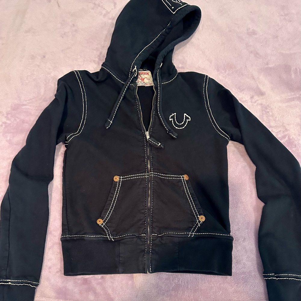 True Religion Black Hoodie with White Details